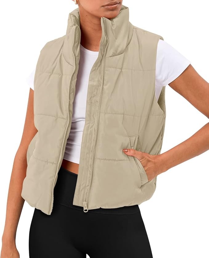 AUTOMET Puffer Vest Women Sleeveless Winter Cropped Outerwear Warm Puffy Lightweight Stand-up Collar Down with Pockets
